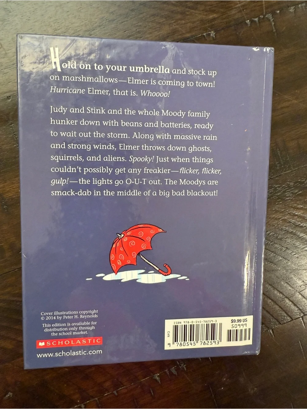 Scholastic Purple Children’s Book Back Cover with Red Umbrella Illustration